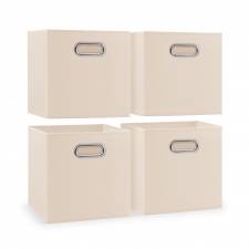 Woodluv Set of 4 Linen Storage Foldable Collapsible Baskets, Beige