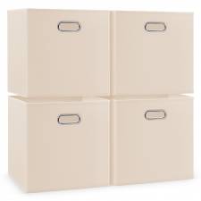 Woodluv Set of 4 Linen Storage Foldable Collapsible Baskets, Beige