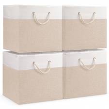 Woodluv Set of 4 Linen Storage Foldable Collapsible Baskets, Beige