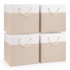 Woodluv Set of 4 Linen Storage Foldable Collapsible Baskets, Beige