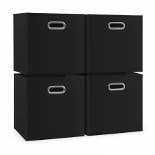 Woodluv Set of 4 Linen Storage Foldable Collapsible Baskets, Black