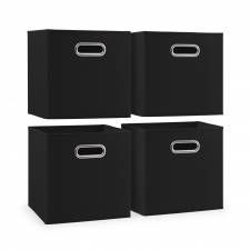 Woodluv Set of 4 Linen Storage Foldable Collapsible Baskets, Black