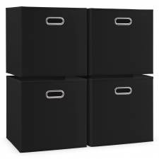 Woodluv Set of 4 Linen Storage Foldable Collapsible Baskets, Black