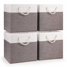 Woodluv Set of 4 Linen Storage Foldable Collapsible Baskets, Grey