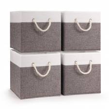Woodluv Set of 4 Linen Storage Foldable Collapsible Baskets, Grey