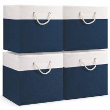 Woodluv Set of 4 Linen Storage Foldable Collapsible Baskets, Navy Blue