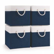 Woodluv Set of 4 Linen Storage Foldable Collapsible Baskets, Navy Blue