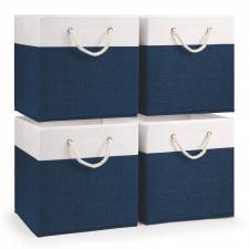 Woodluv Set of 4 Linen Storage Foldable Collapsible Baskets, Navy Blue