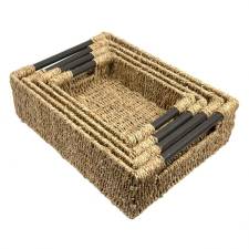 Woodluv Set of 4 Natural Seagrass Storage Baskets With Wooden Handles