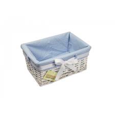 Woodluv Small White Willow Basket With Blue Dot Lining & Ribbon