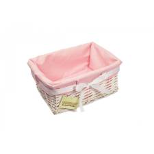 Woodluv Small White Willow Basket With Pink Dot Lining & Ribbon