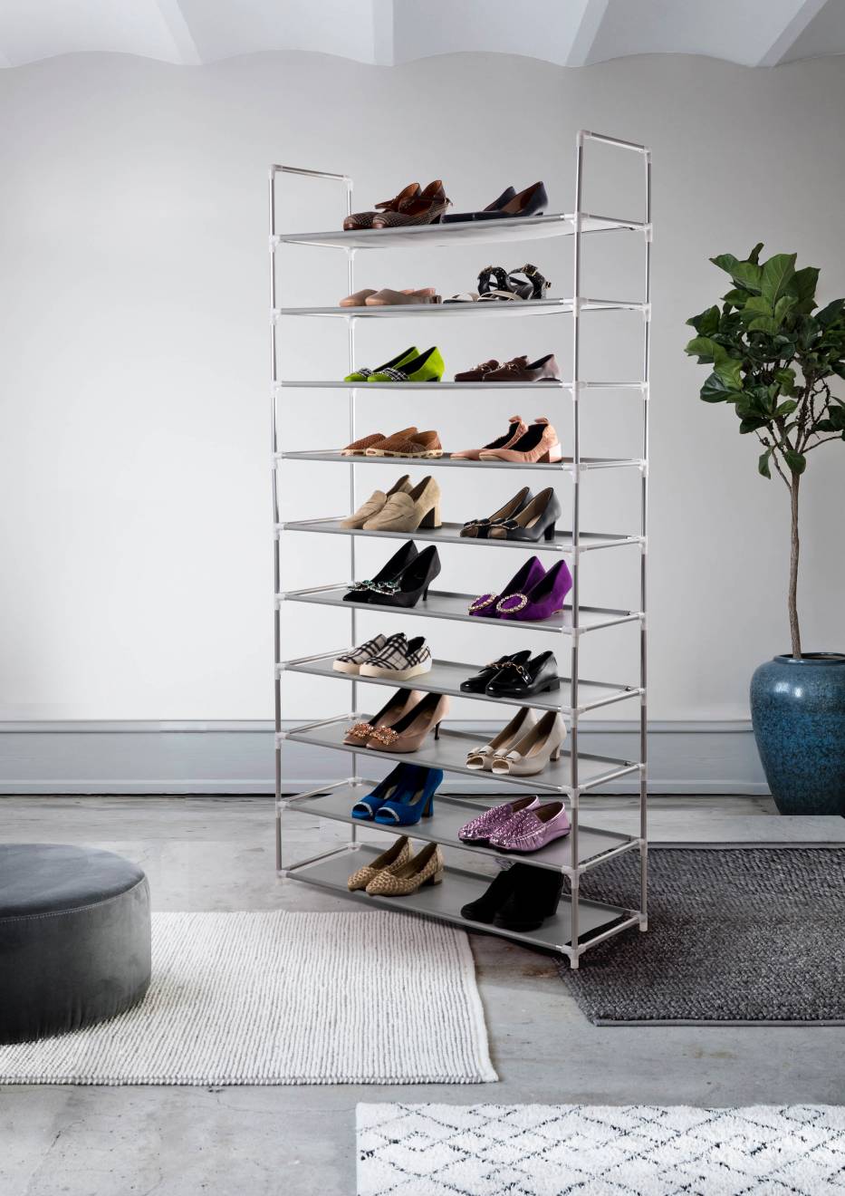 10 Tier Maximum Capacity Metal Shoe Organizer With Non Woven- Grey