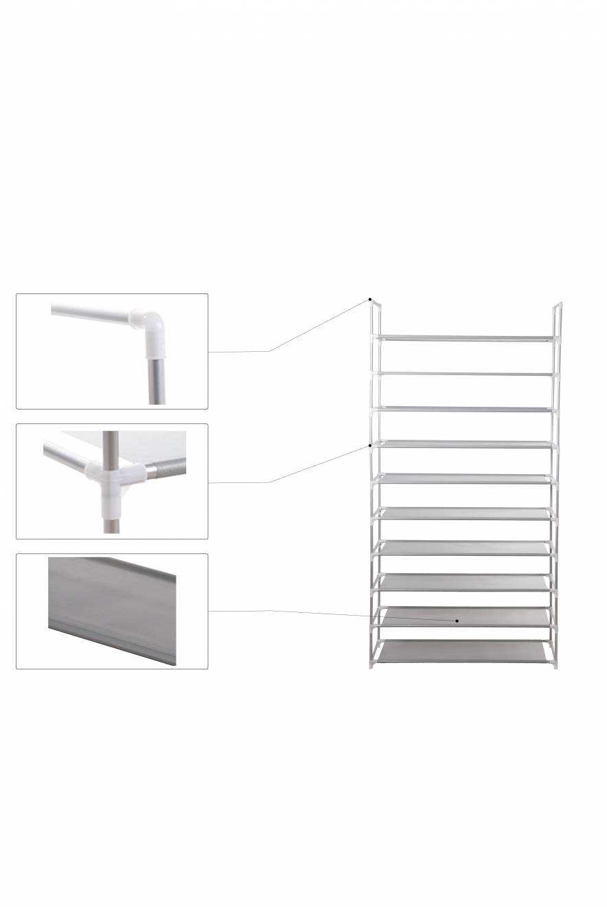 10 Tier Maximum Capacity Metal Shoe Organizer With Non Woven- Grey