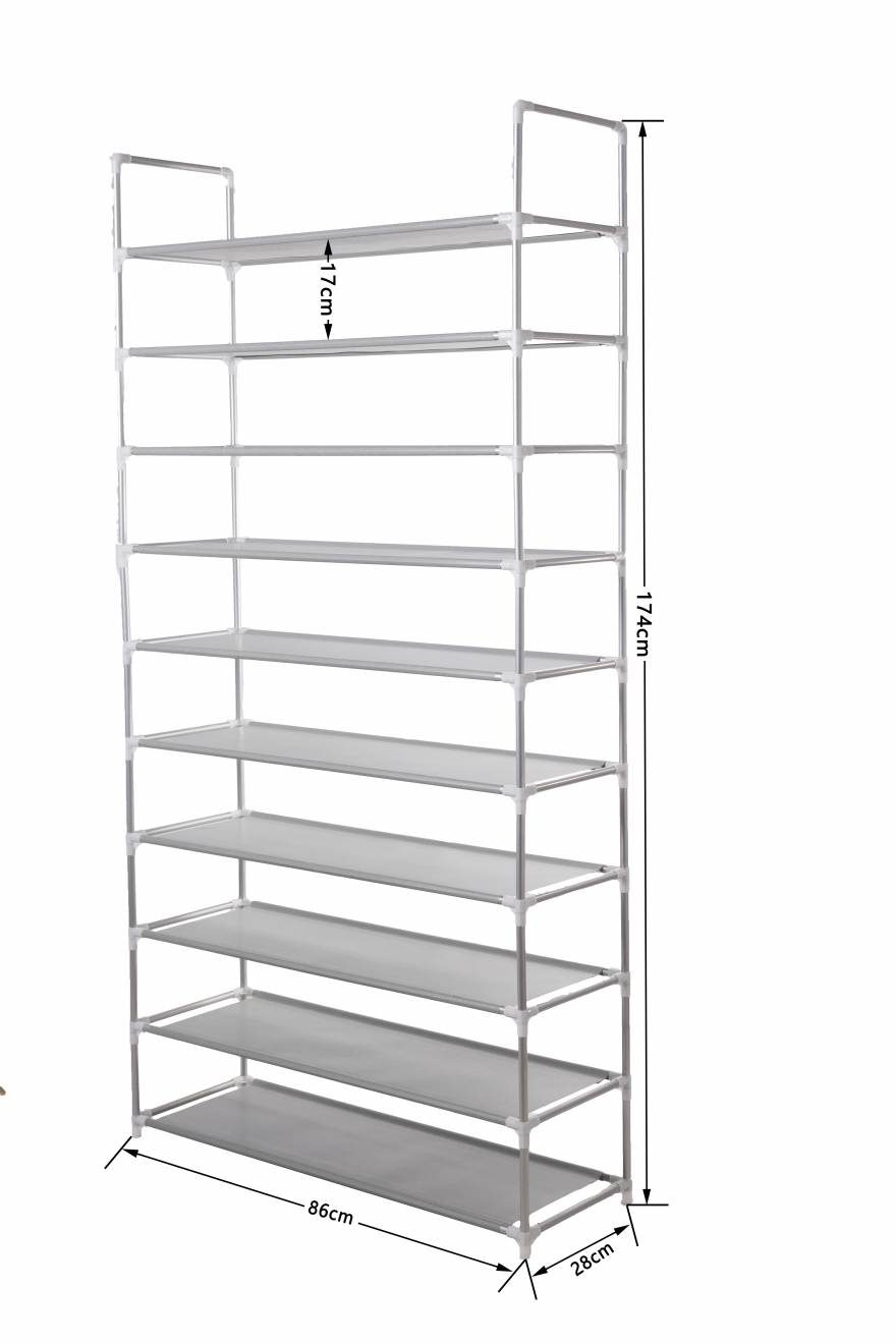 10 Tier Maximum Capacity Metal Shoe Organizer With Non Woven- Grey