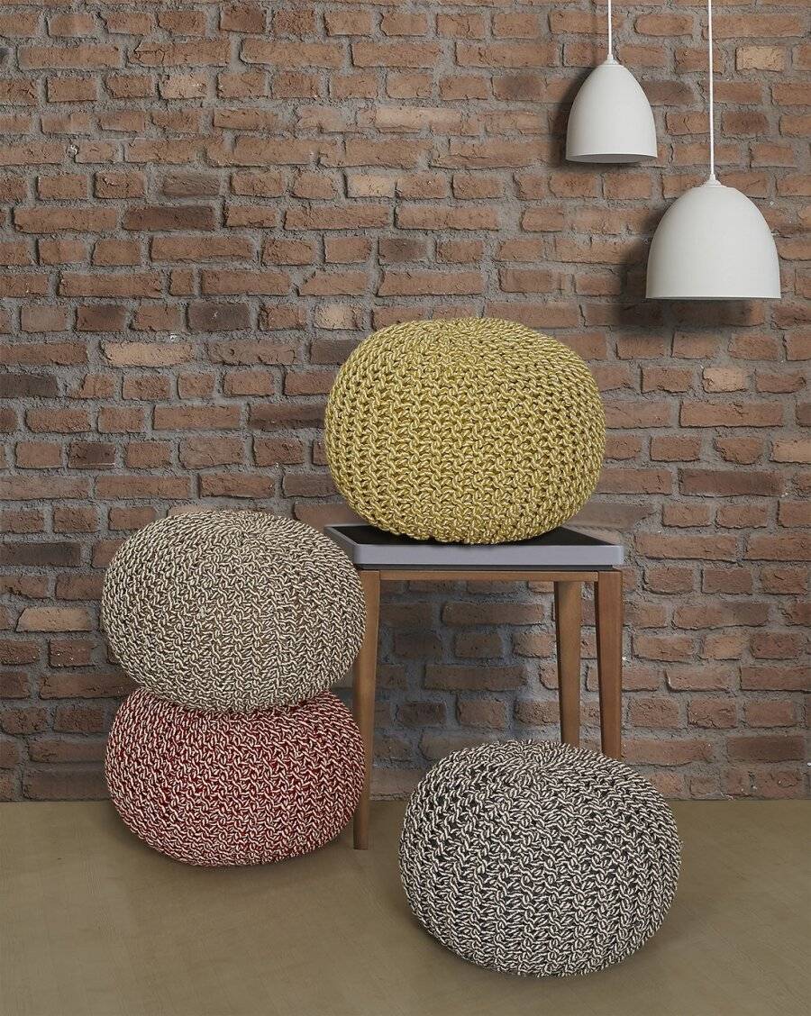 EHC Cotton Round Handmade Double Knitted Braided Pouffe - Red /Cream
