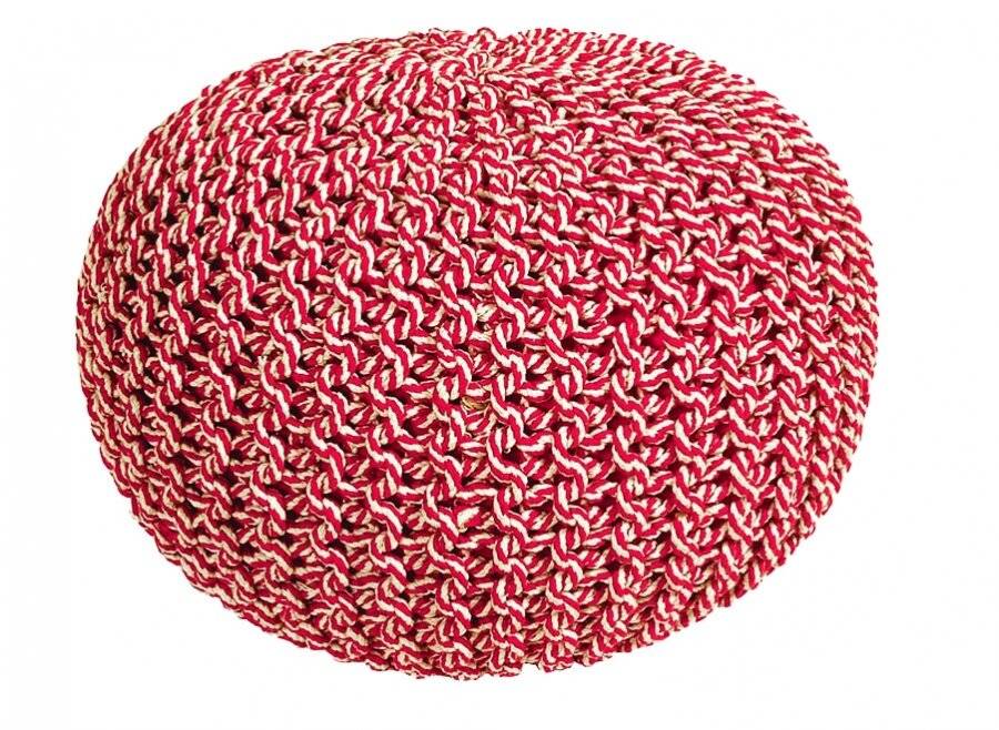 EHC Cotton Round Handmade Double Knitted Braided Pouffe - Red /Cream
