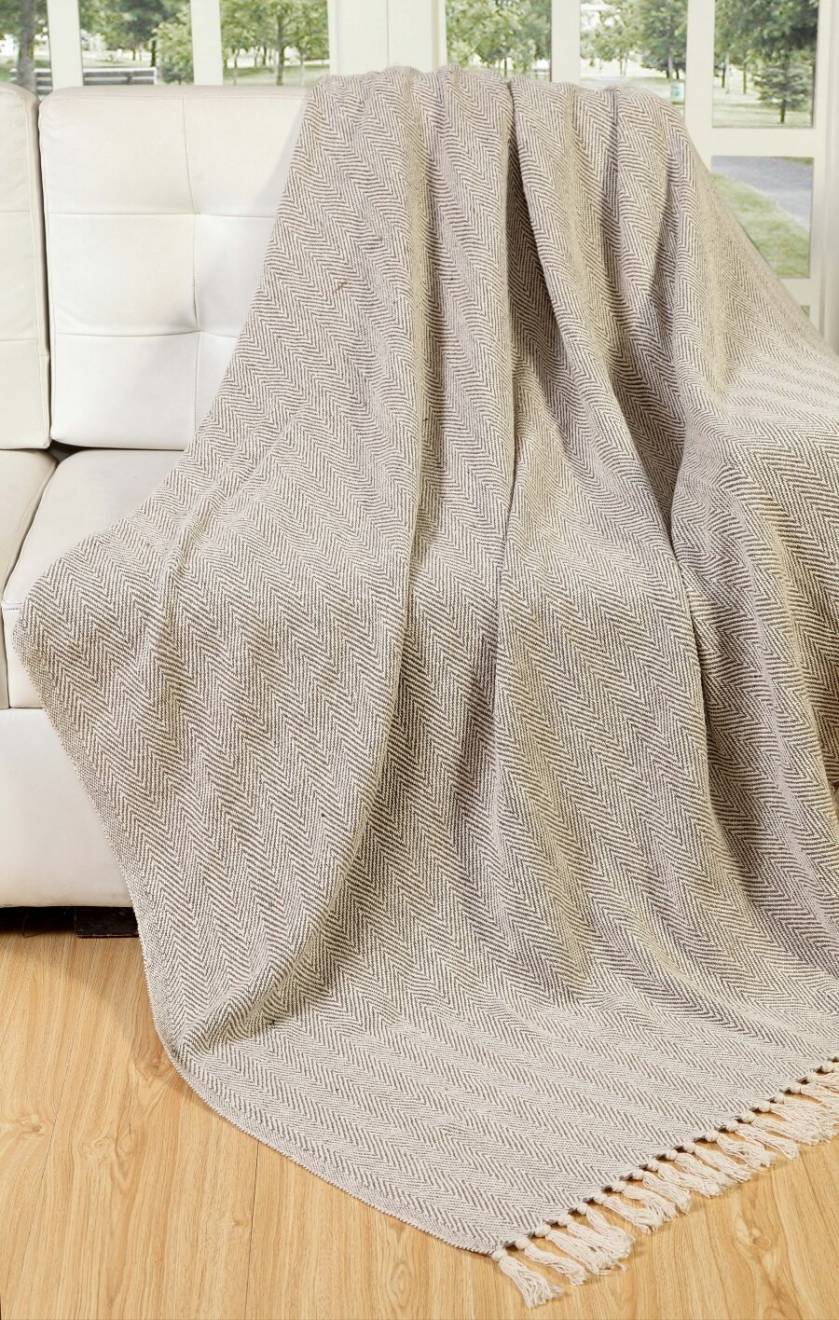 2 Tone Super King Herringbone Cotton Throw, 225 cm x 380 cm - Beige