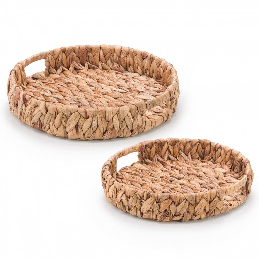 2 x Round Handwoven Water Hyacinth Tray With Handles, Large & Medium