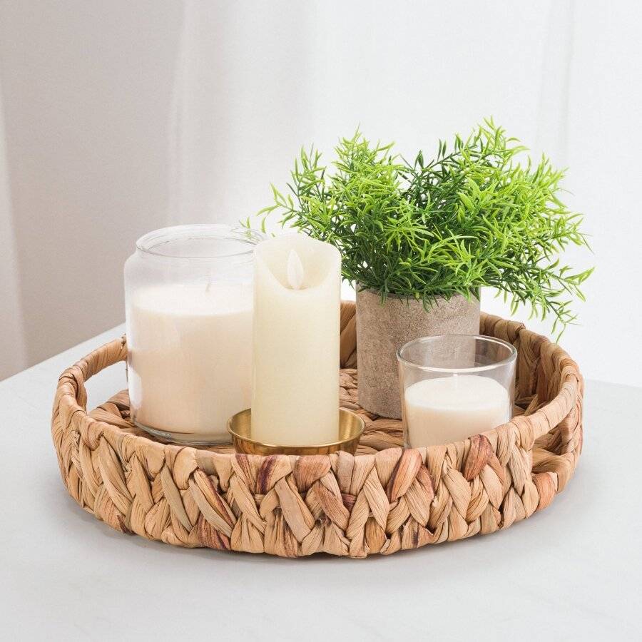 2 x Round Handwoven Water Hyacinth Tray With Handles, Large & Medium