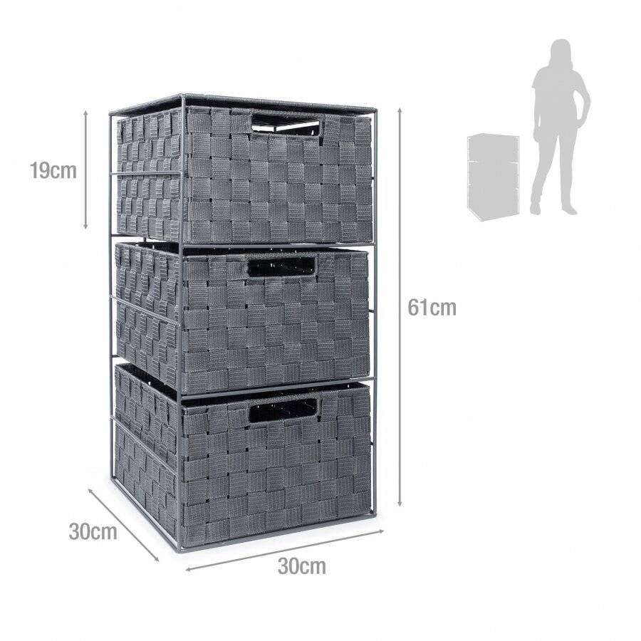 3 Drawer Large Polypropylene Woven Storage Cabinet Unit, Grey