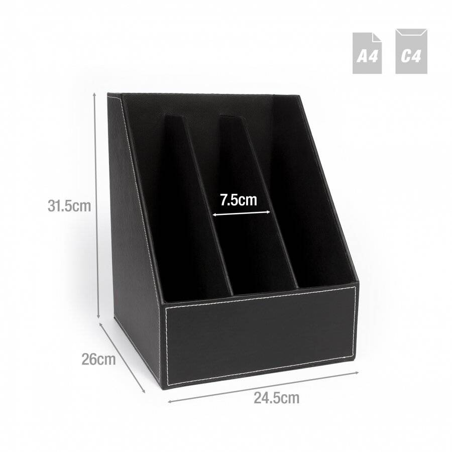 3 Section Faux Leather Magazine Storage Organizer Box - Black