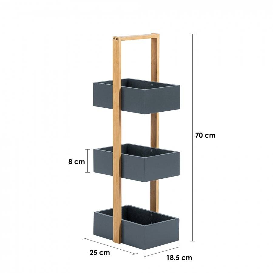 3 Tier Bamboo & MDF Storage Unit For Bathroom, Grey - 25 x 18.5 x 70cm