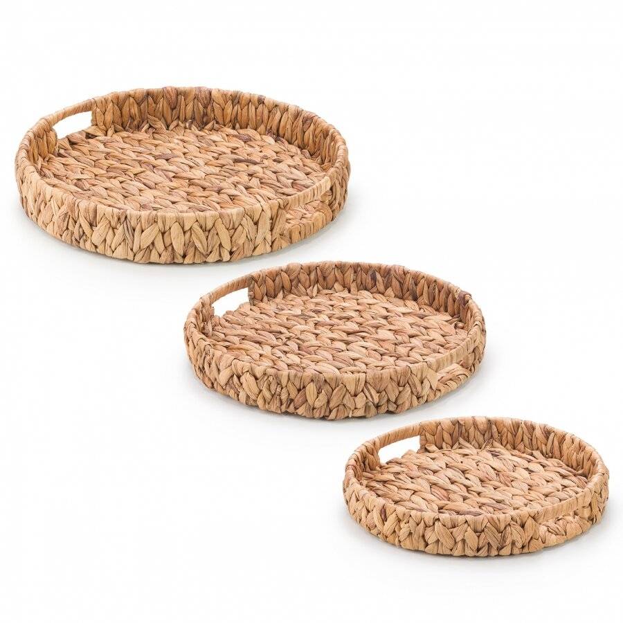 3 x Round Handwoven Water Hyacinth Tray With Handles, Large & Medium
