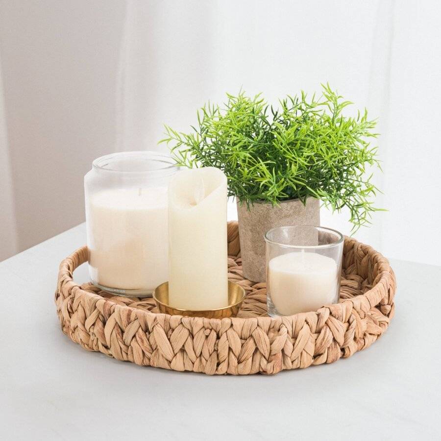 3 x Round Handwoven Water Hyacinth Tray With Handles, Large & Medium