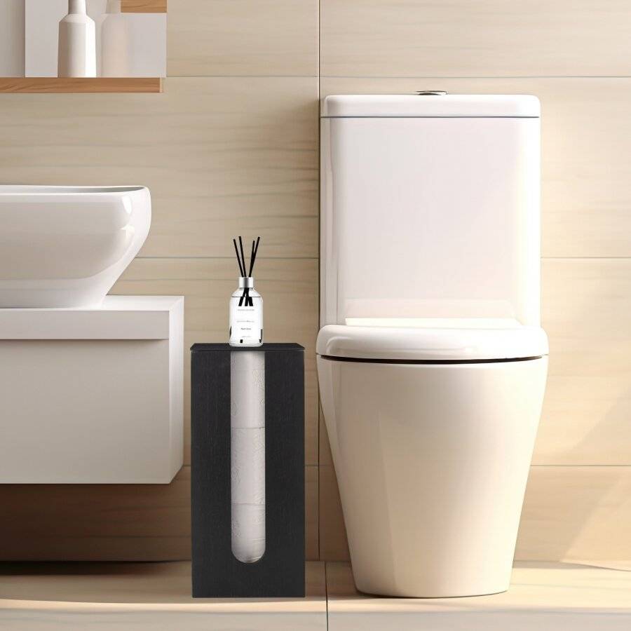 Bamboo Toilet Roll Holder with Lid, Freestanding Storage Unit - Black