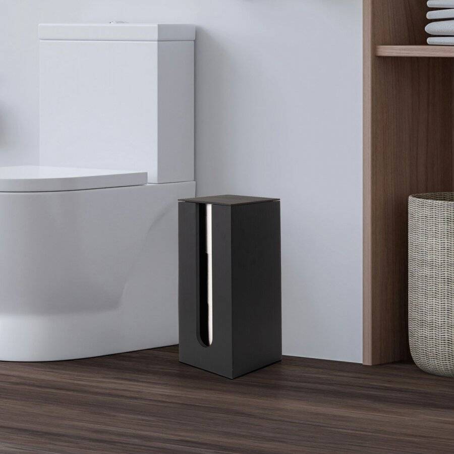 Bamboo Toilet Roll Holder with Lid, Freestanding Storage Unit - Black