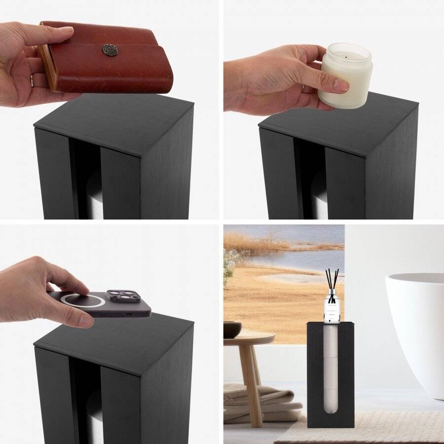 Bamboo Toilet Roll Holder with Lid, Freestanding Storage Unit - Black