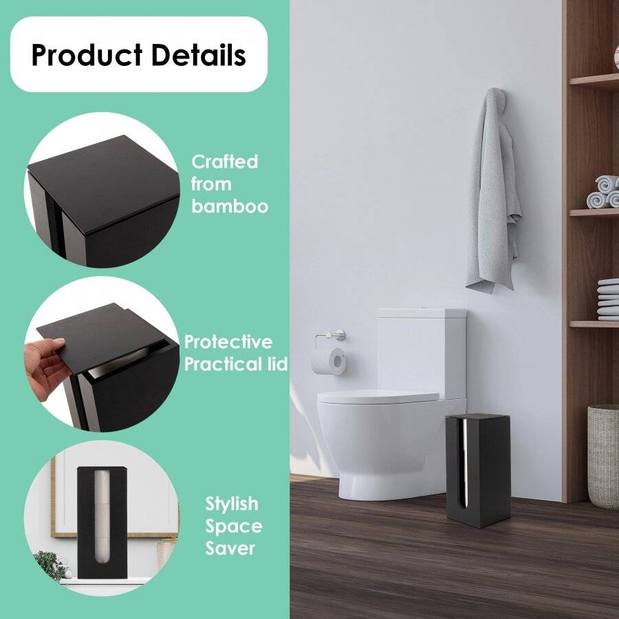 Bamboo Toilet Roll Holder with Lid, Freestanding Storage Unit - Black