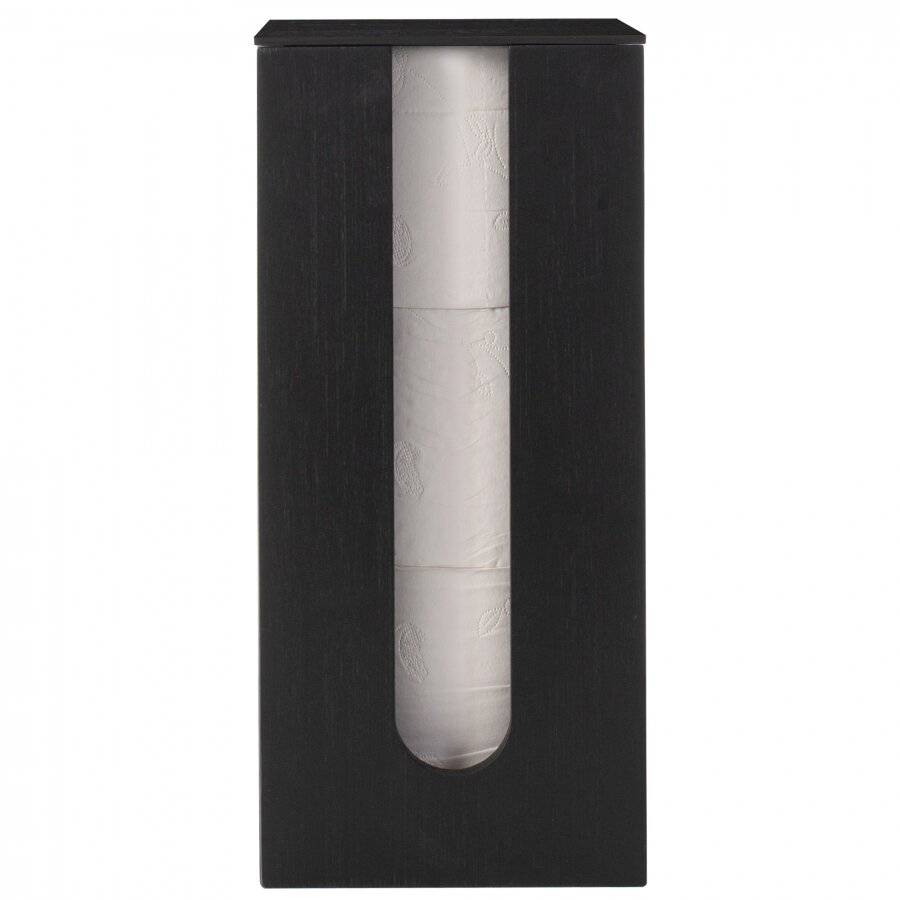 Bamboo Toilet Roll Holder with Lid, Freestanding Storage Unit - Black