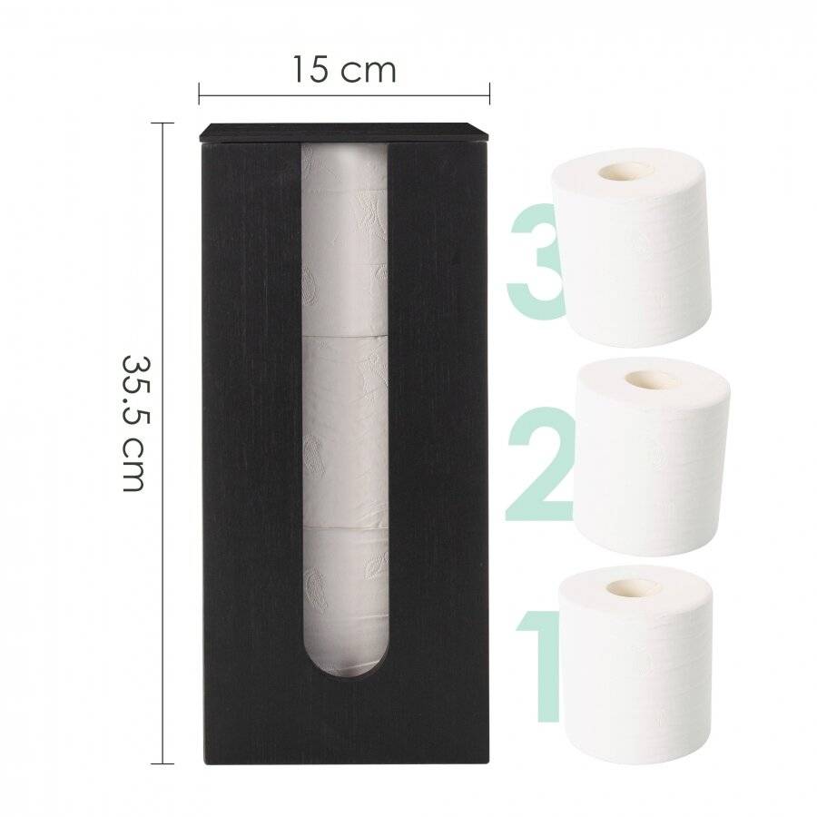 Bamboo Toilet Roll Holder with Lid, Freestanding Storage Unit - Black