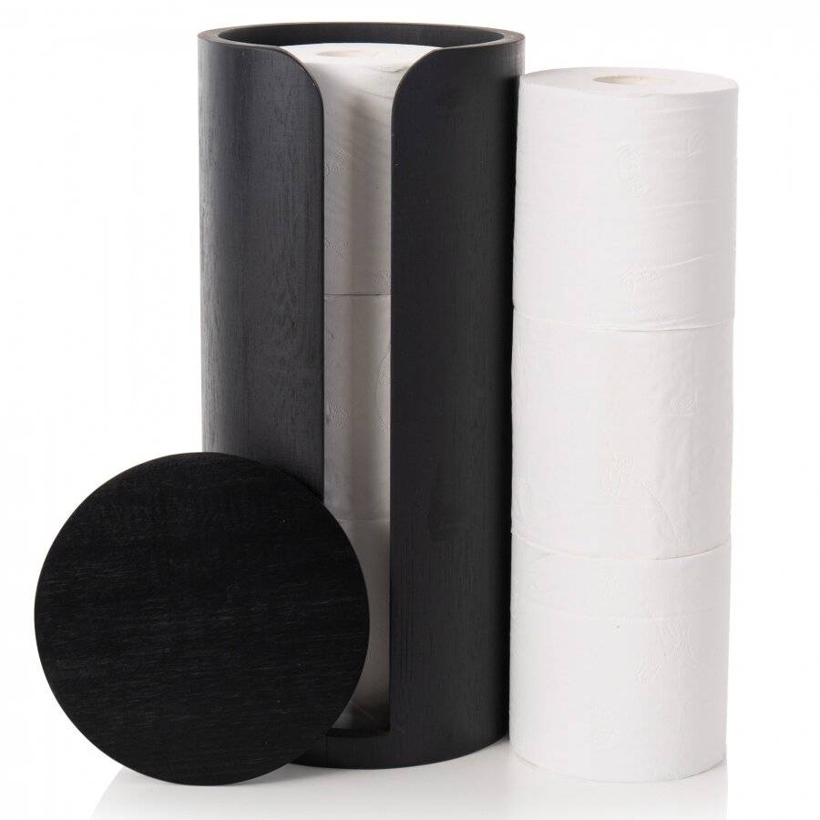 Bamboo Toilet Roll Holder with Lid, Freestanding Storage Unit - Black