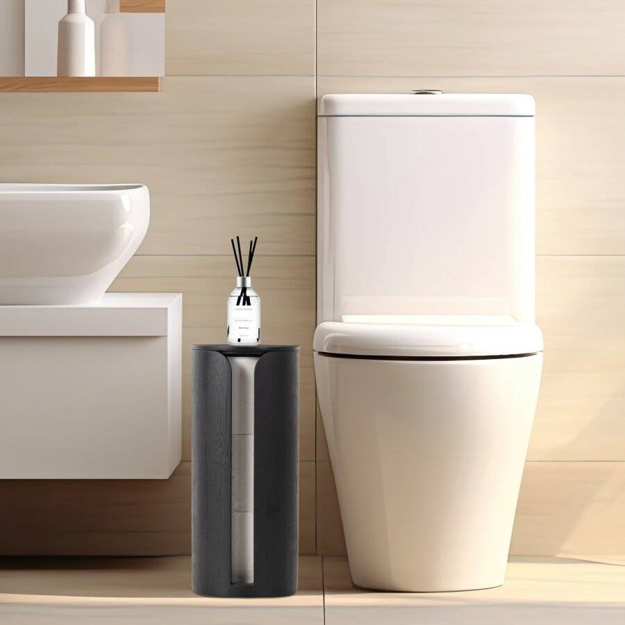 Bamboo Toilet Roll Holder with Lid, Freestanding Storage Unit - Black