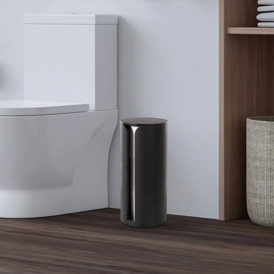 Bamboo Toilet Roll Holder with Lid, Freestanding Storage Unit - Black