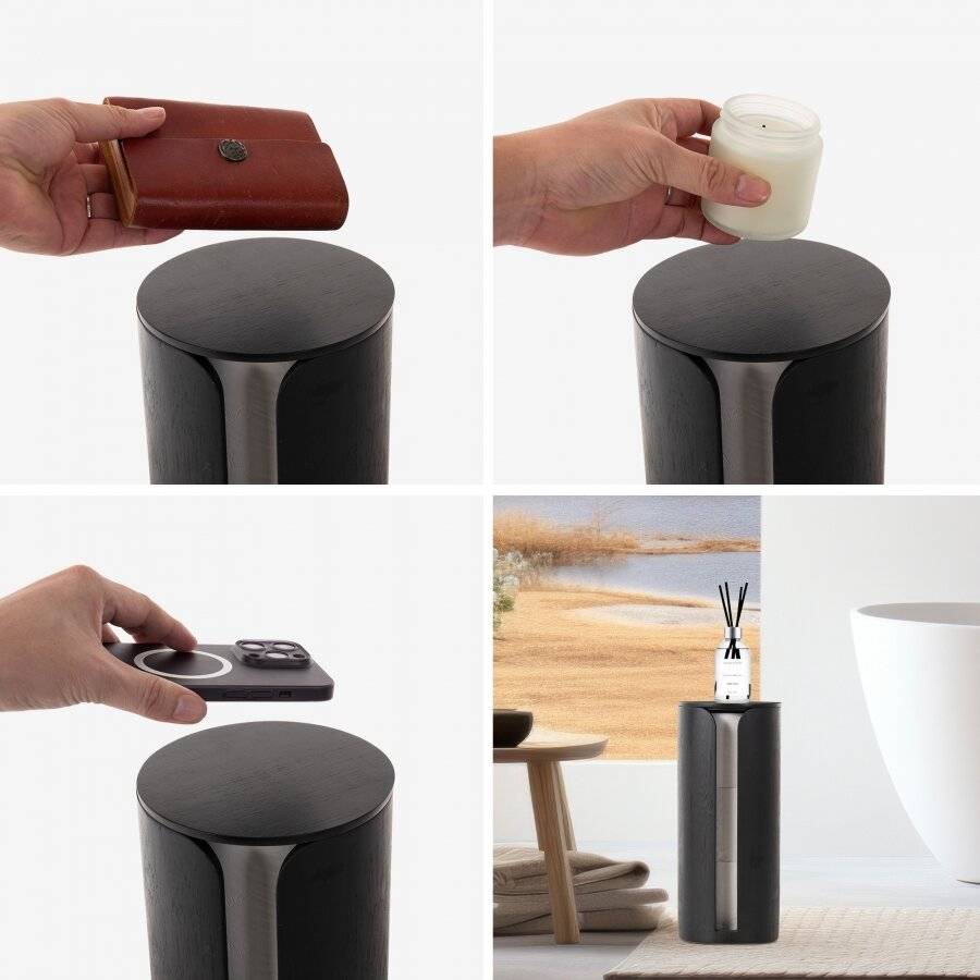 Bamboo Toilet Roll Holder with Lid, Freestanding Storage Unit - Black