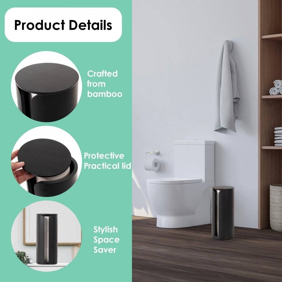 Bamboo Toilet Roll Holder with Lid, Freestanding Storage Unit - Black