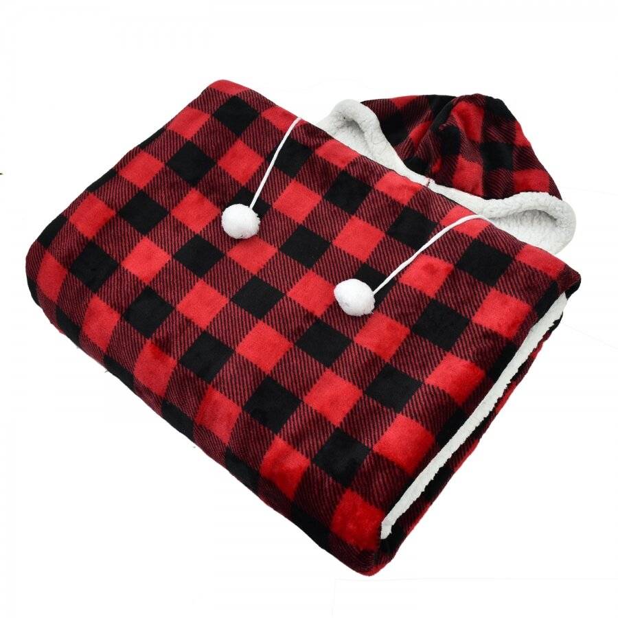 Check Design Super Soft Sherpa Fleece Hooded Blanket - 130 cm x 180 cm