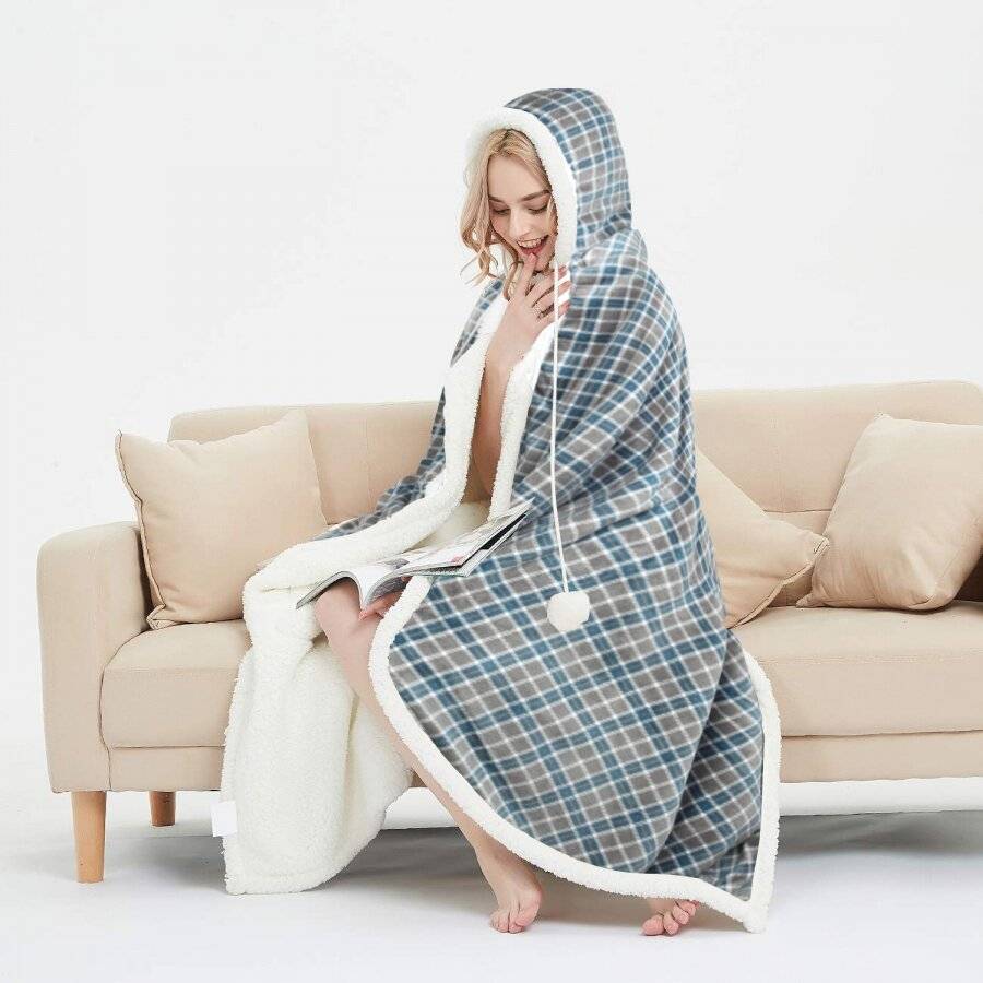 Check Design Super Soft  Sherpa Fleece Wearable Hooded Blanket Throw