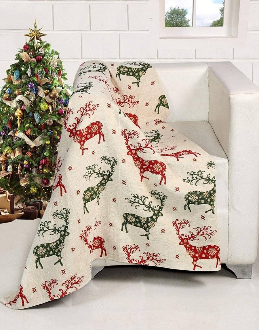 Christmas Red/Green Reindeer Sofa Bed Throw Blanket Cover, 127 x152cm