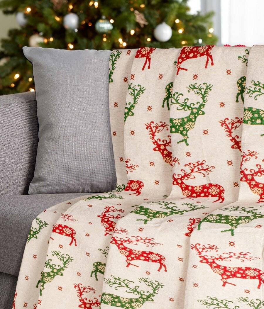 Christmas Red/Green Reindeer Sofa Bed Throw Blanket Cover, 127 x152cm