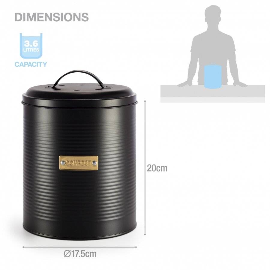 Compost Bin with Lid for Kitchen, Galvanized Steel,  3.6 L, Black
