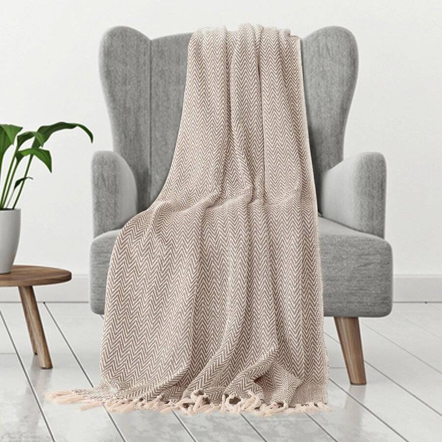 EHC Cotton Zig Zag Handwoven Single Bed or Armchair Throw - Beige