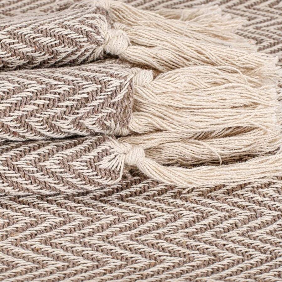 EHC Cotton Zig Zag Handwoven Single Bed or Armchair Throw - Beige