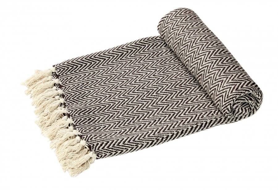 EHC Cotton Zig Zag Handwoven Single Bed or Armchair Throw  - Black