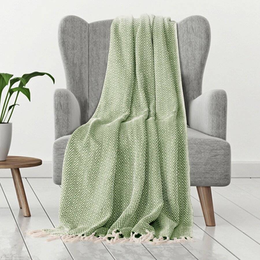 EHC Cotton Zig Zag Handwoven Single Bed or Armchair Throw  - Green