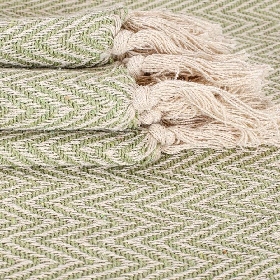 EHC Cotton Zig Zag Handwoven Single Bed or Armchair Throw  - Green