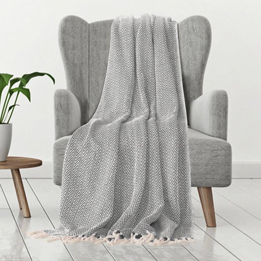 EHC Cotton Zig Zag Handwoven Single Bed or Armchair Throw - Grey